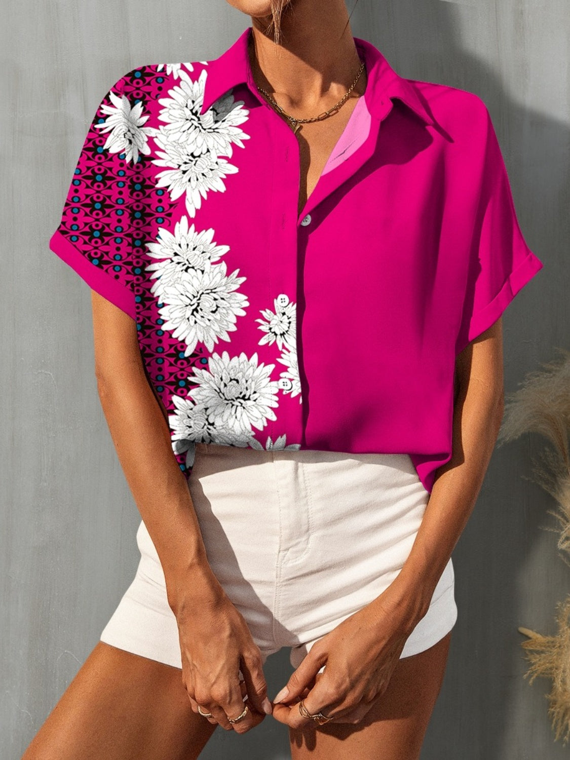 Printed Button Up Short Sleeve Shirt - AllIn Computer