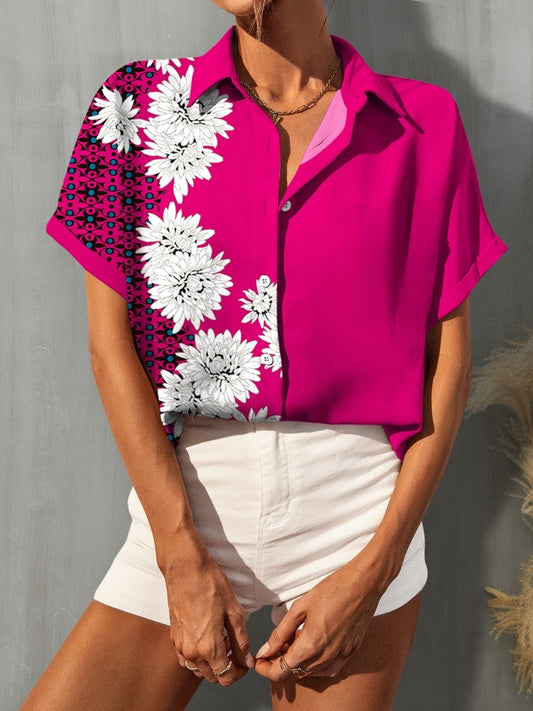 Printed Button Up Short Sleeve Shirt - AllIn Computer