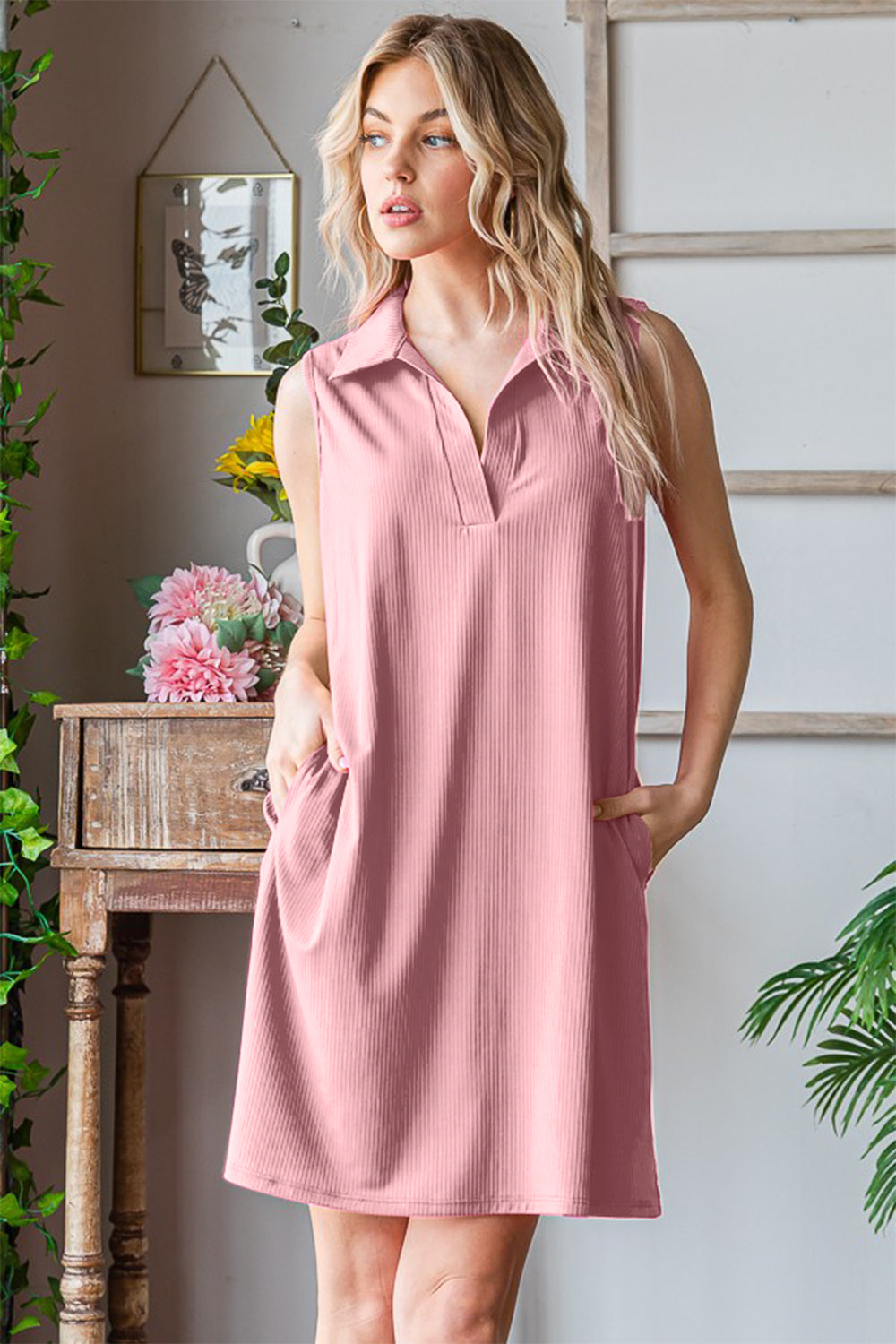 Heimish Full Size Ribbed Johnny Collar Sleeveless Dress - AllIn Computer