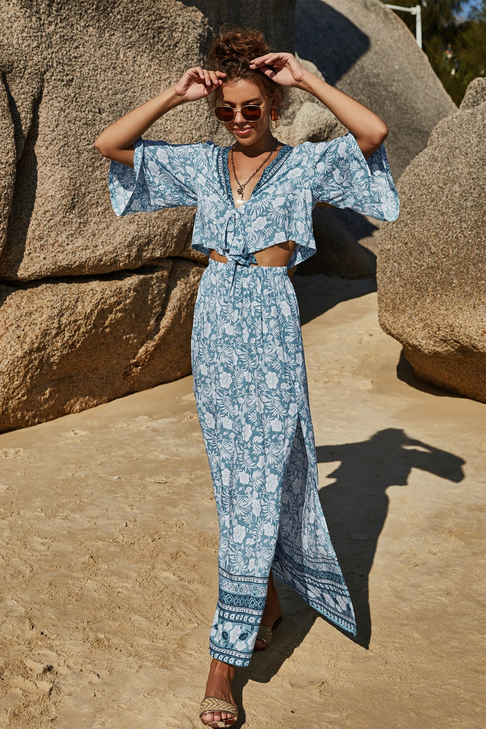 Printed Half Sleeve Top and Slit Skirt Set - AllIn Computer