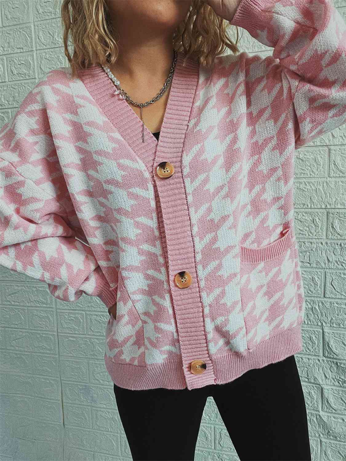 Houndstooth Botton Front  Cardigan with Pockets - AllIn Computer