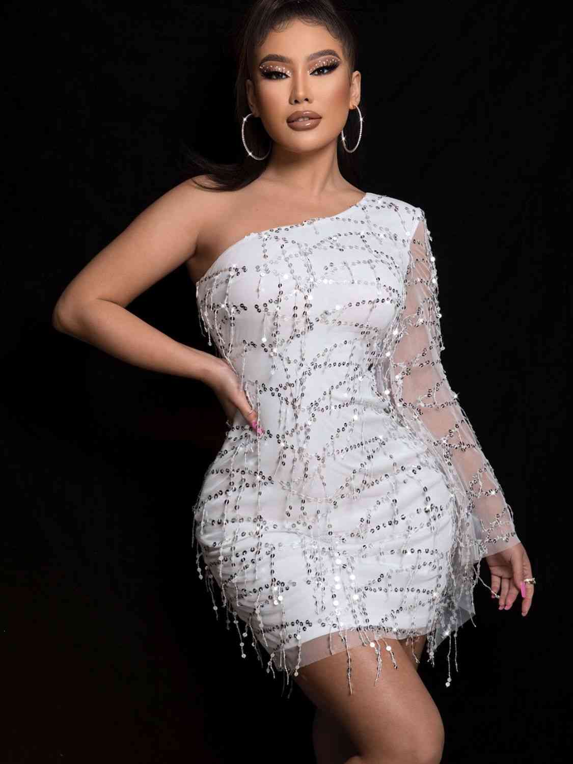 Sequin One Shoulder Spliced Mesh Sleeve Dress - AllIn Computer