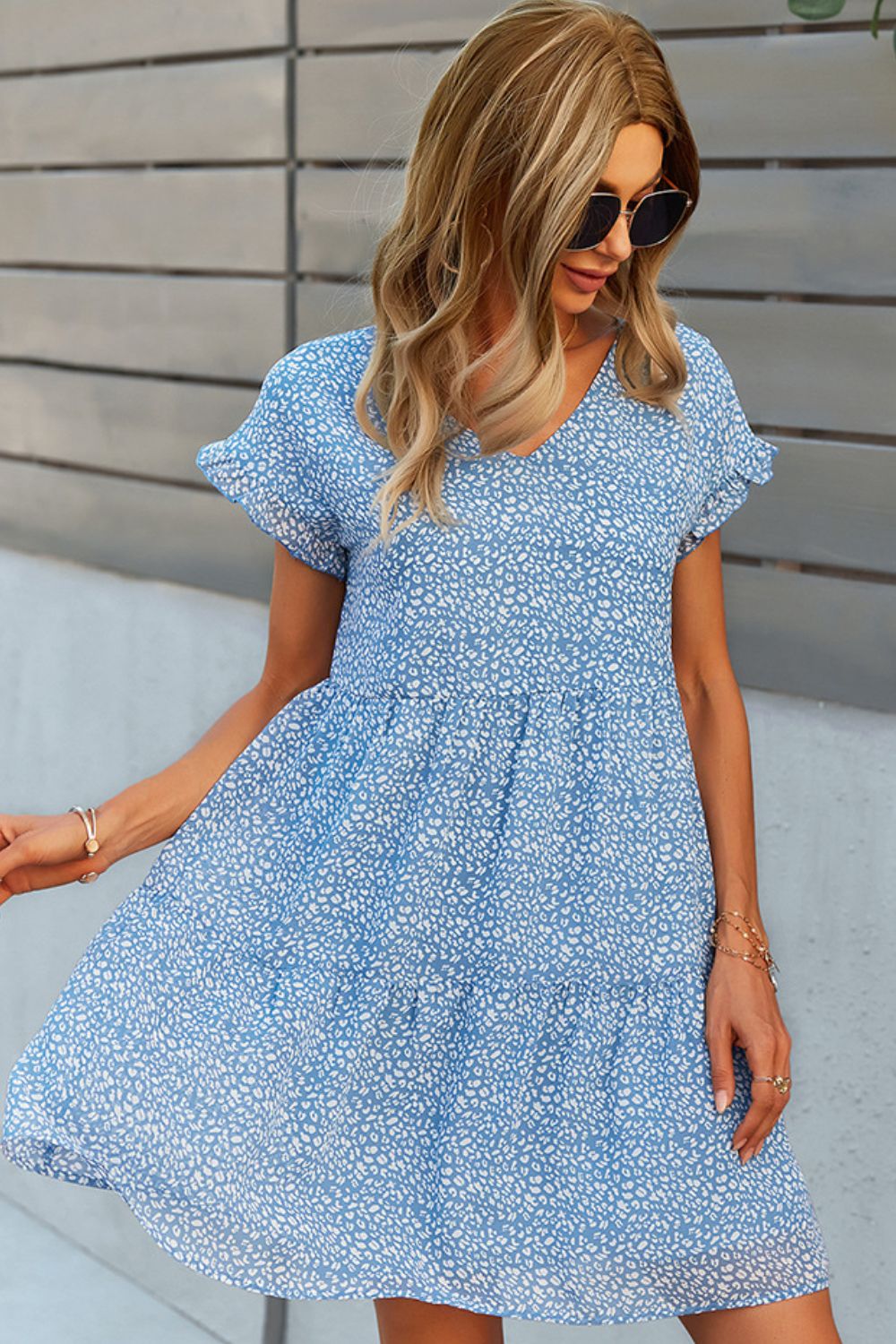 Printed V-Neck Short Sleeve Tiered Dress - AllIn Computer