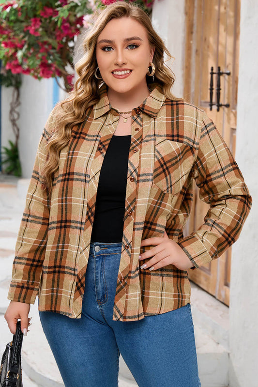 Plus Size Plaid Collared Neck Long Sleeve Shirt - AllIn Computer