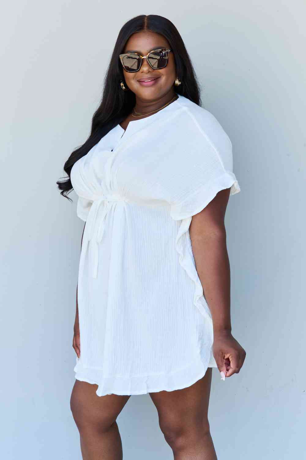Ninexis Out Of Time Full Size Ruffle Hem Dress with Drawstring Waistband in White - AllIn Computer
