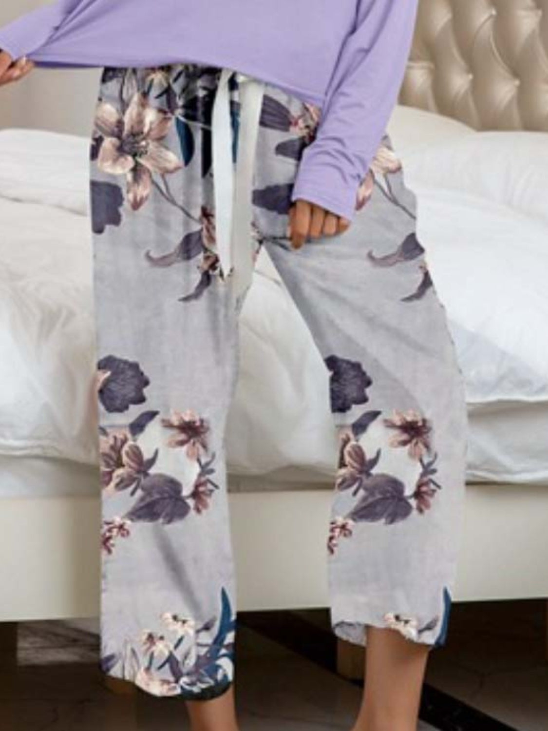 Round Neck Top and Printed Pants Lounge Set - AllIn Computer