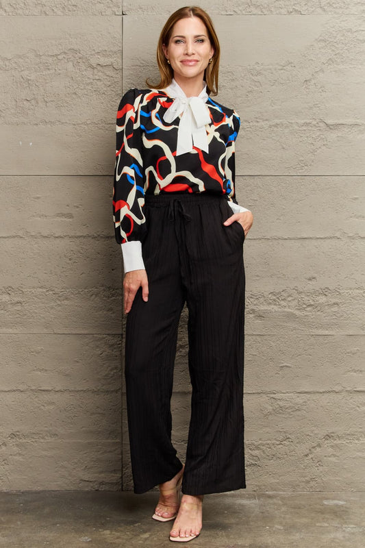 Printed Tie Neck Puff Sleeve Blouse - AllIn Computer