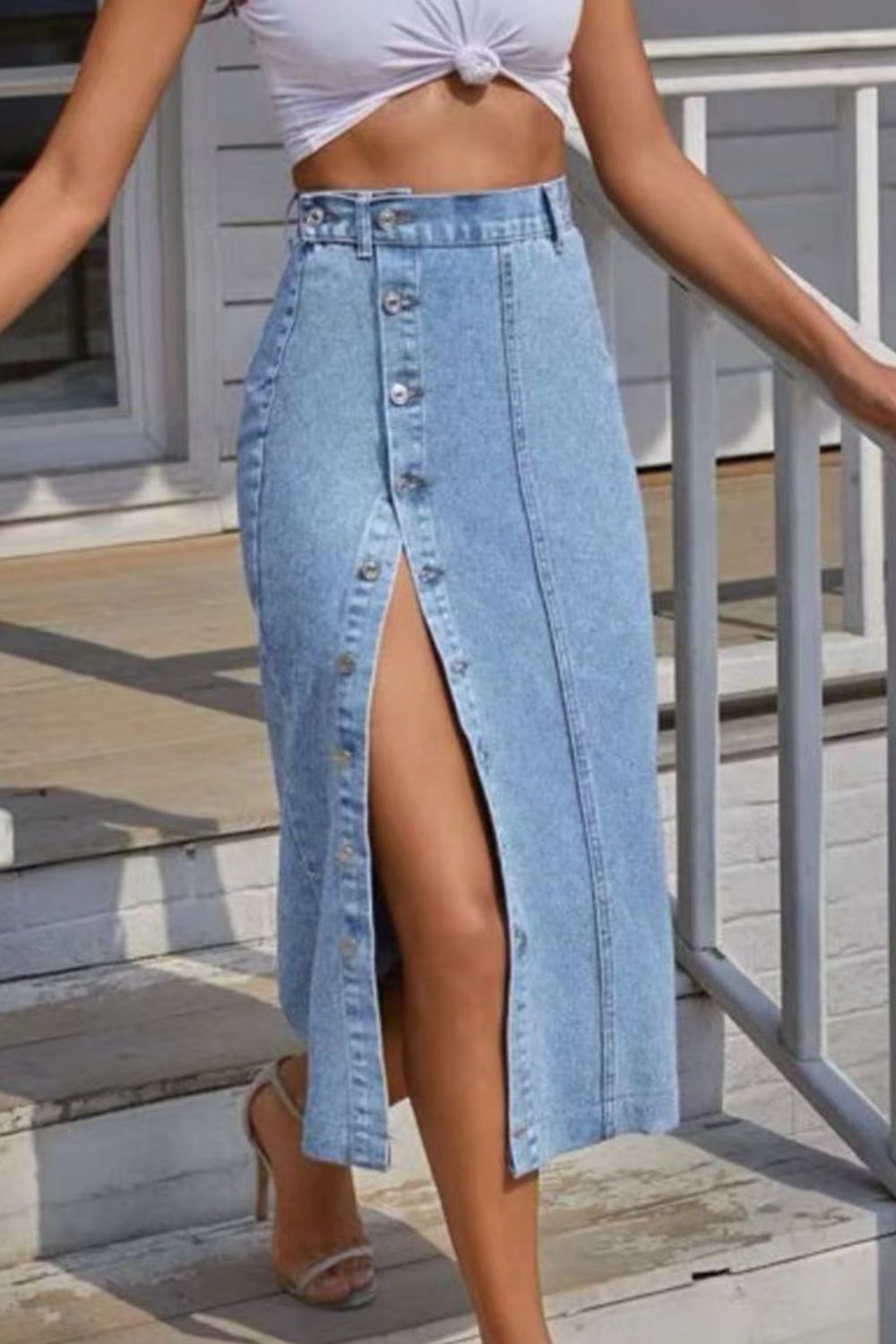 Buttoned Split Denim Skirt - AllIn Computer