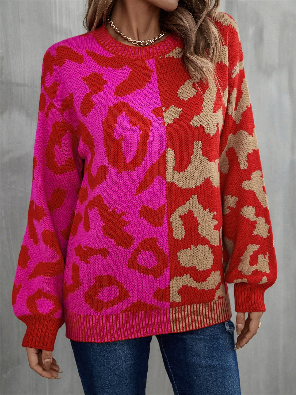 Leopard Round Neck Long Sleeve Sweater - AllIn Computer