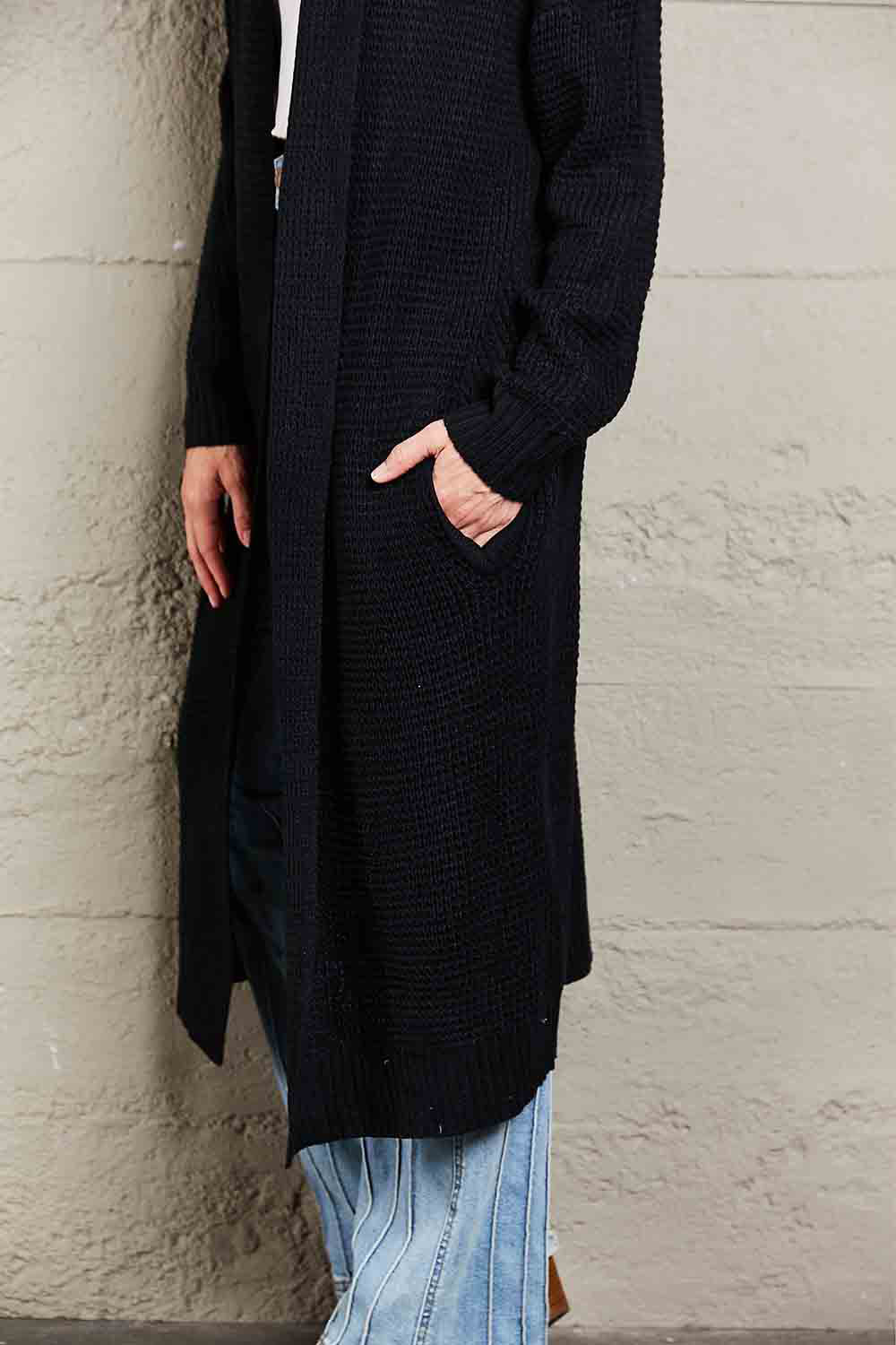 Double Take Waffle Knit Open Front Duster Cardigan With Pockets - AllIn Computer