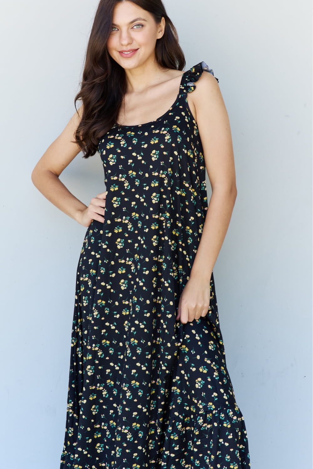 Doublju In The Garden Ruffle Floral Maxi Dress in  Black Yellow Floral - AllIn Computer