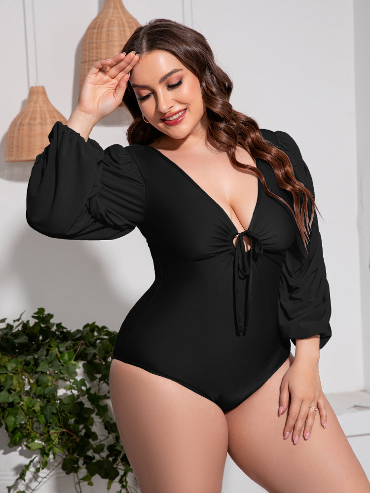 Plus Size Tied Deep V Balloon Sleeve One-Piece Swimsuit - AllIn Computer