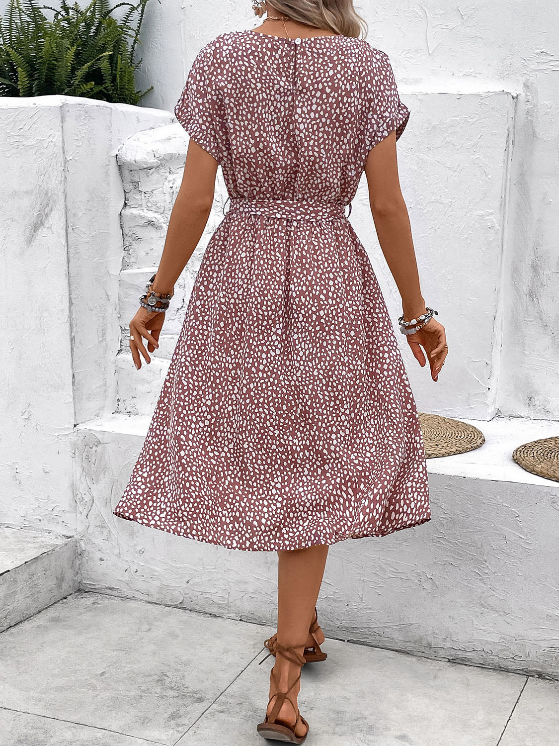 Printed Round Neck Short Sleeve Dress - AllIn Computer