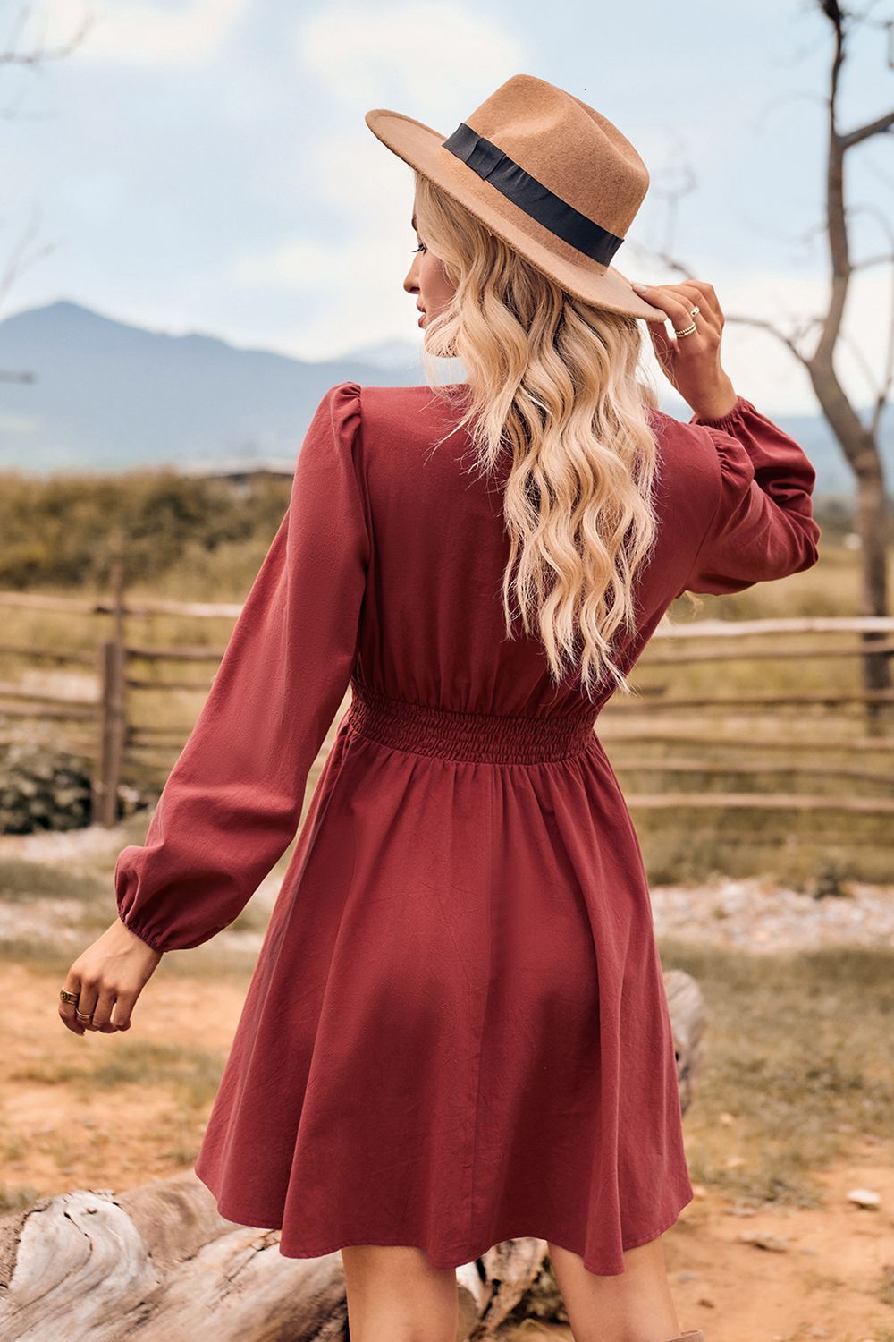 V-Neck Long Sleeve Smocked Waist Mini Dress - AllIn Computer