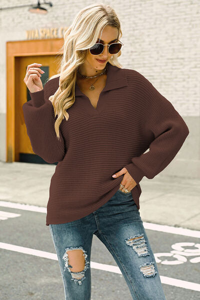 Ribbed Johnny Collar Pullover Sweater - AllIn Computer