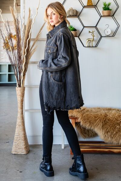 Veveret Button Up Distressed Frayed Hem Denim Jacket - AllIn Computer