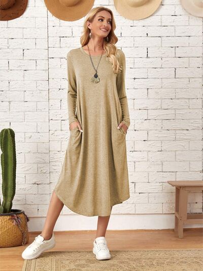 Pocketed Round Neck Long Sleeve Tee Dress - AllIn Computer