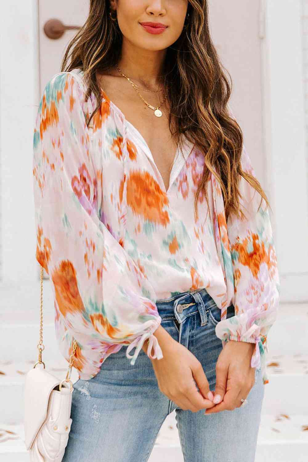 Printed Tie Neck Long Sleeve Blouse - AllIn Computer
