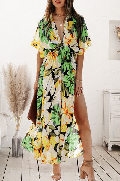 Plunge Split Printed Short Sleeve Dress - AllIn Computer