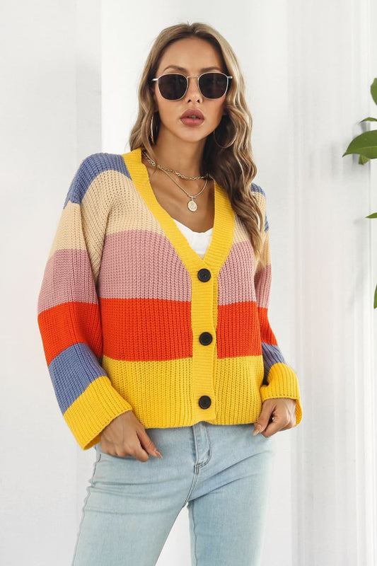 Color Block Button-Down Dropped Shoulder Cardigan - AllIn Computer