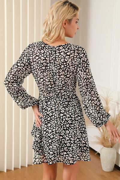 Printed Surplice Balloon Sleeve Mini Dress - AllIn Computer