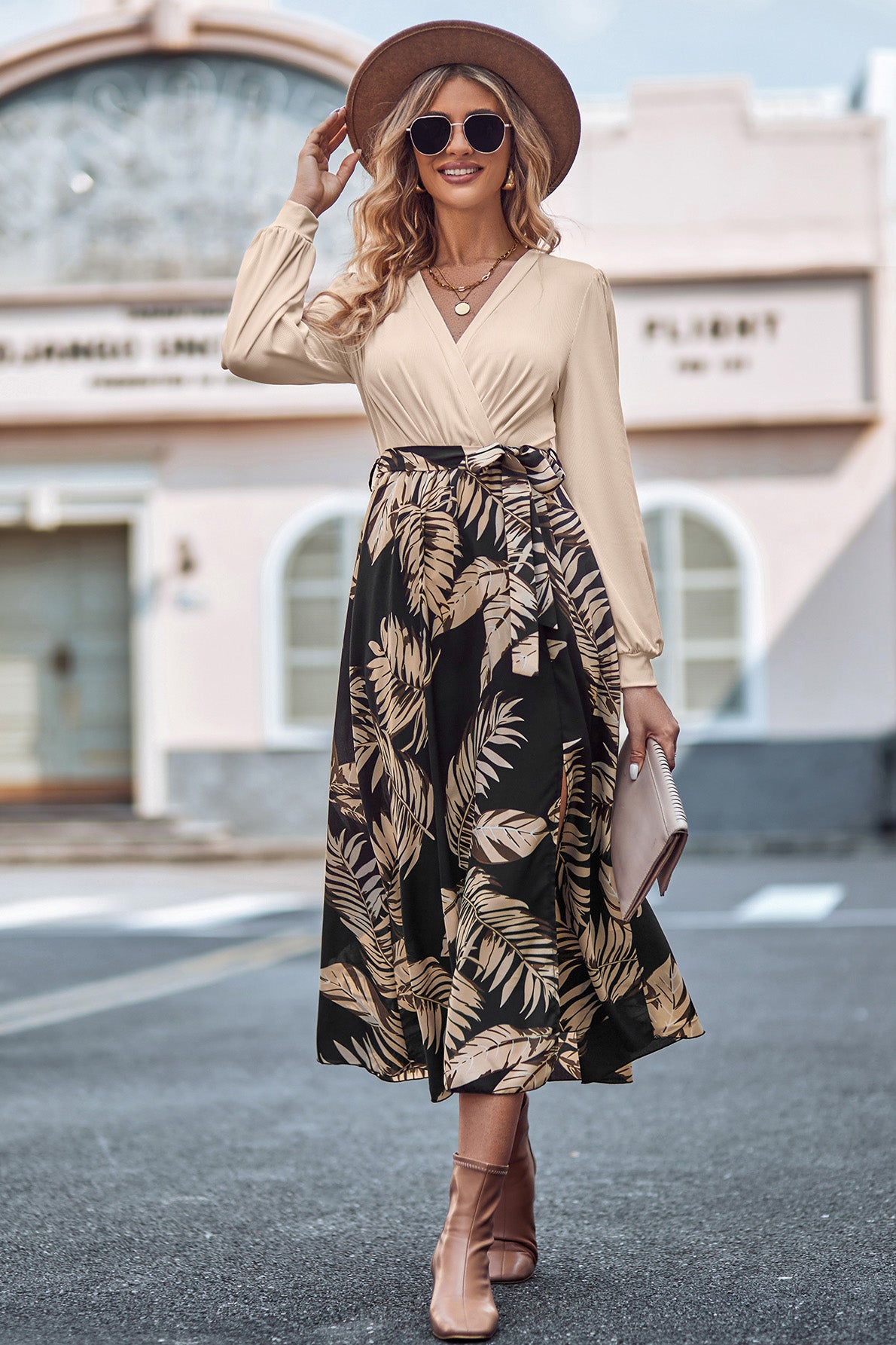 Printed Tie Waist Long Sleeve Dress - AllIn Computer