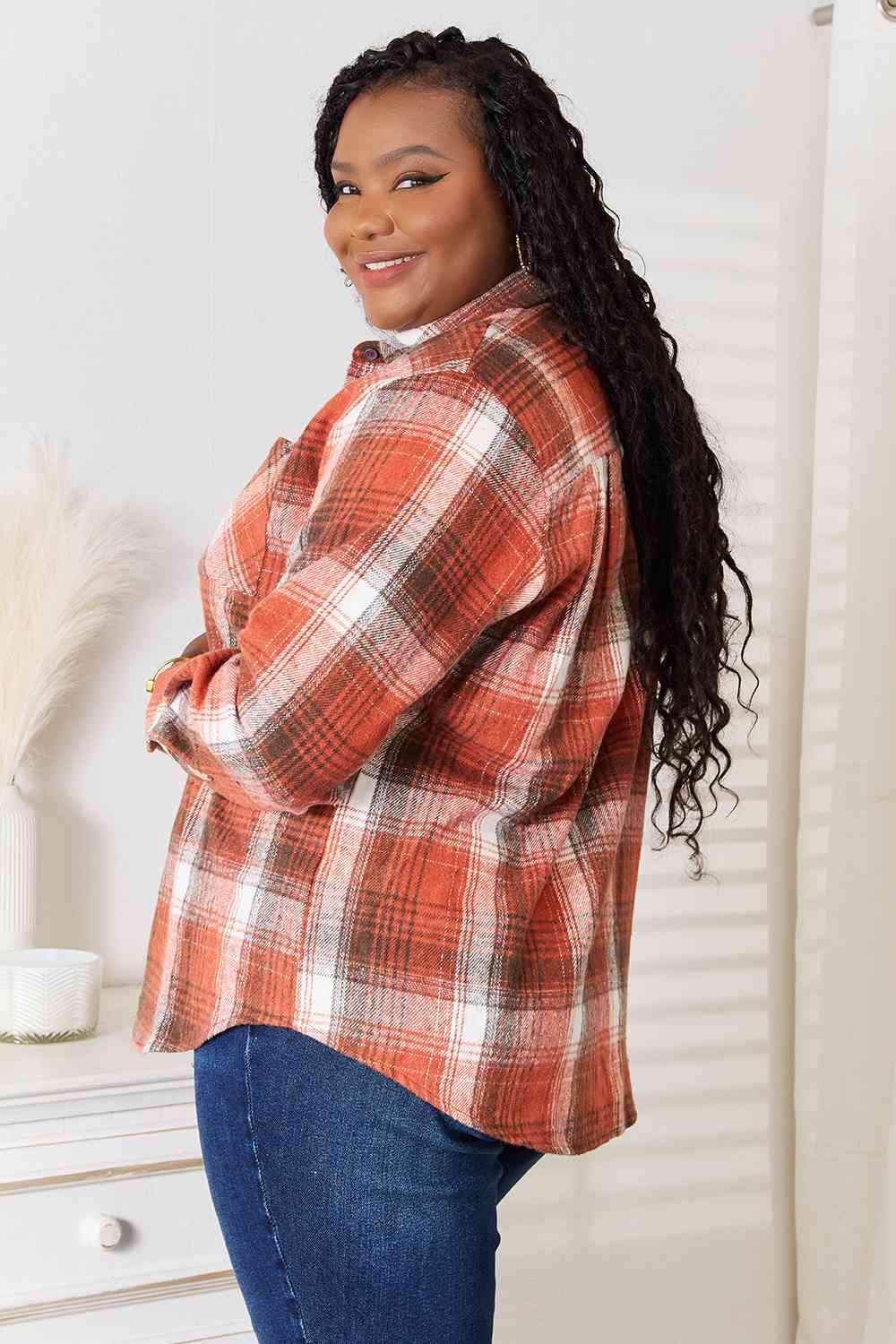 Double Take Plaid Collared Neck Long Sleeve Shirt - AllIn Computer