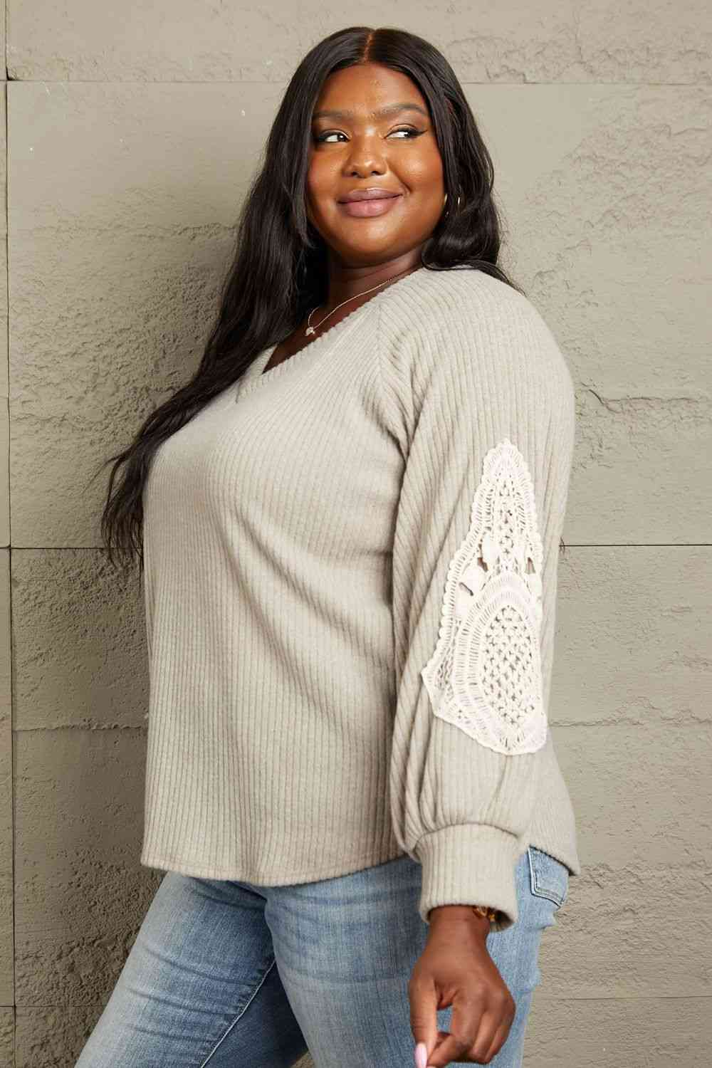 Sew In Love Full Size Lace Patch Detail Sweater - AllIn Computer