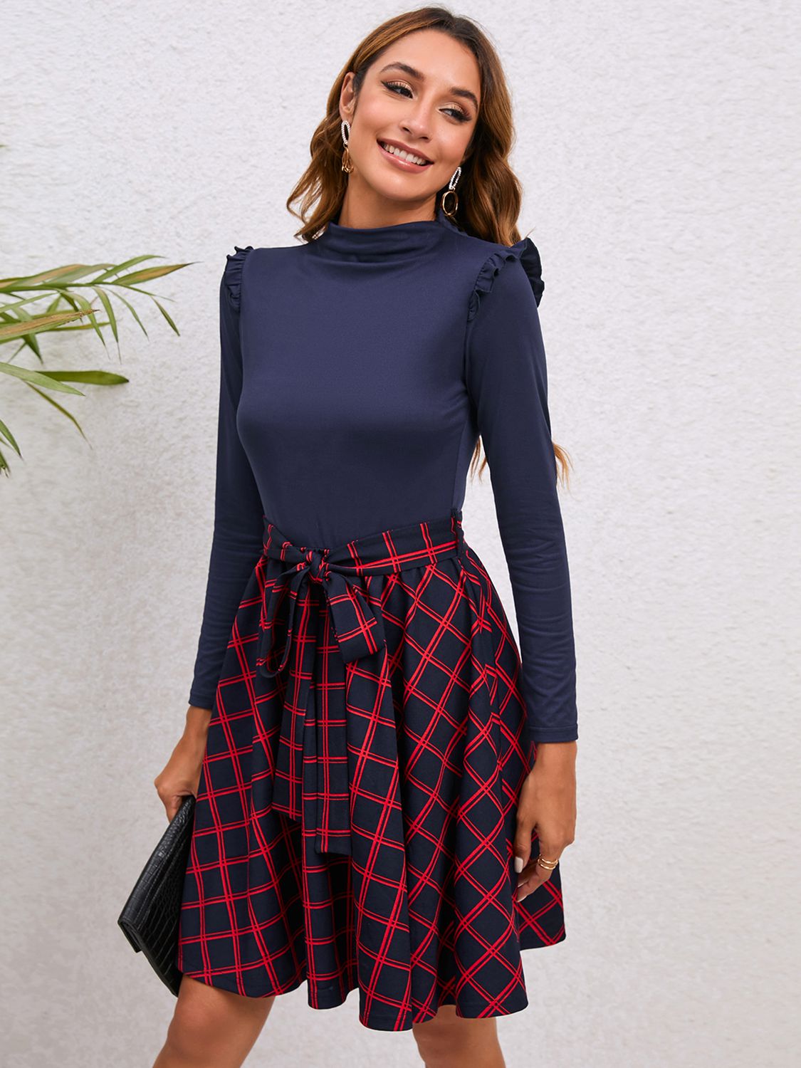 Plaid Tie Waist Ruffle Shoulder Dress - AllIn Computer