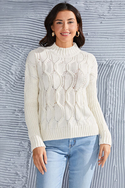 Cable-Knit Mock Neck Long Sleeve Sweater - AllIn Computer