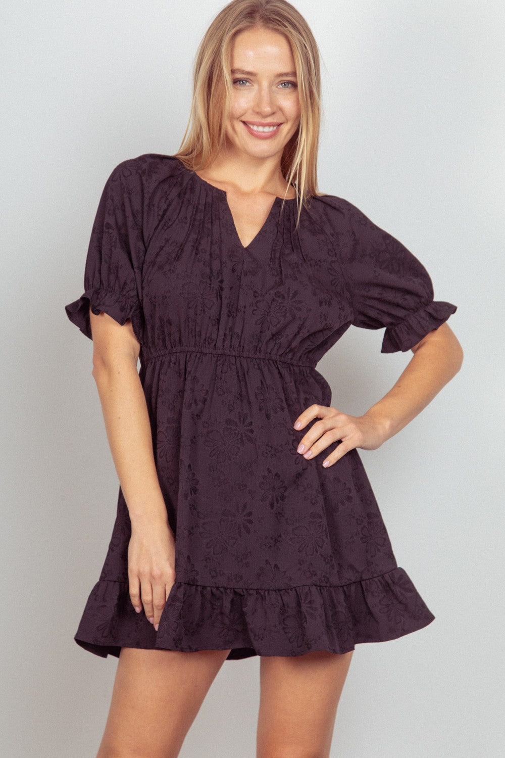 VERY J Floral Textured Woven Ruffled Mini Dress - AllIn Computer