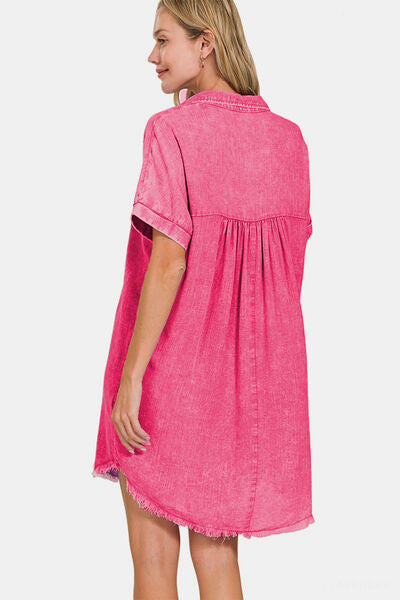 Zenana Washed Linen V-Neck Raw Hem Dress - AllIn Computer