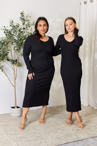 Culture Code Full Size Ribbed Long Sleeve Midi Slit Dress - AllIn Computer