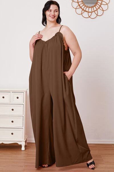 Full Size Ruffle Trim Tie Back Cami Jumpsuit with Pockets - AllIn Computer