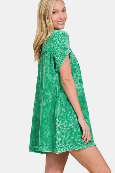 Zenana Washed Notched Short Sleeve Mini Dress - AllIn Computer