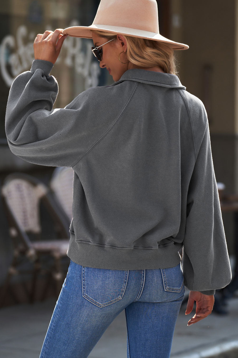 Quarter-Snap Collared Lantern Sleeve Sweatshirt - AllIn Computer