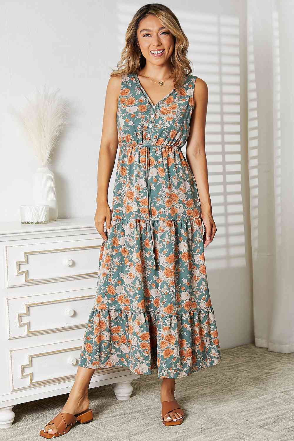 Double Take Floral V-Neck Tiered Sleeveless Dress - AllIn Computer