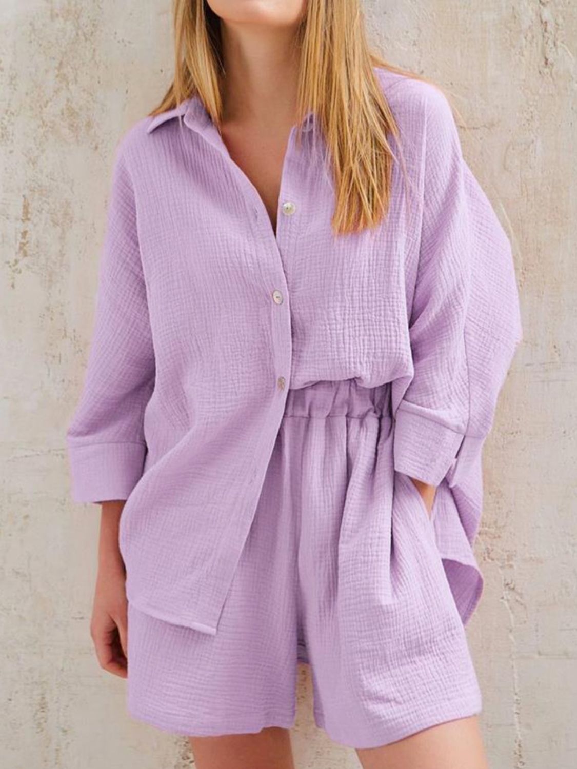 Texture Button Up Shirt and Shorts Set - AllIn Computer