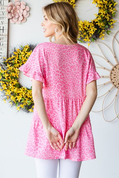 Heimish Full Size Leopard Ruffle Trim Short Sleeve Top - AllIn Computer