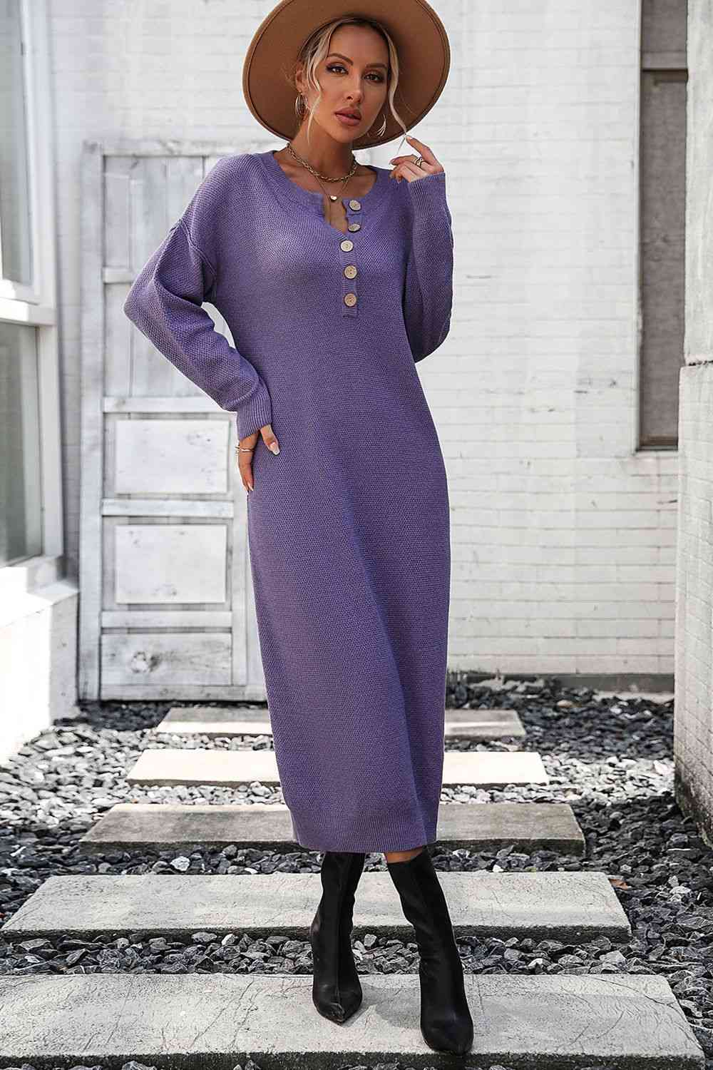 Notched Neck Dropped Shoulder Button-Down Midi Dress - AllIn Computer