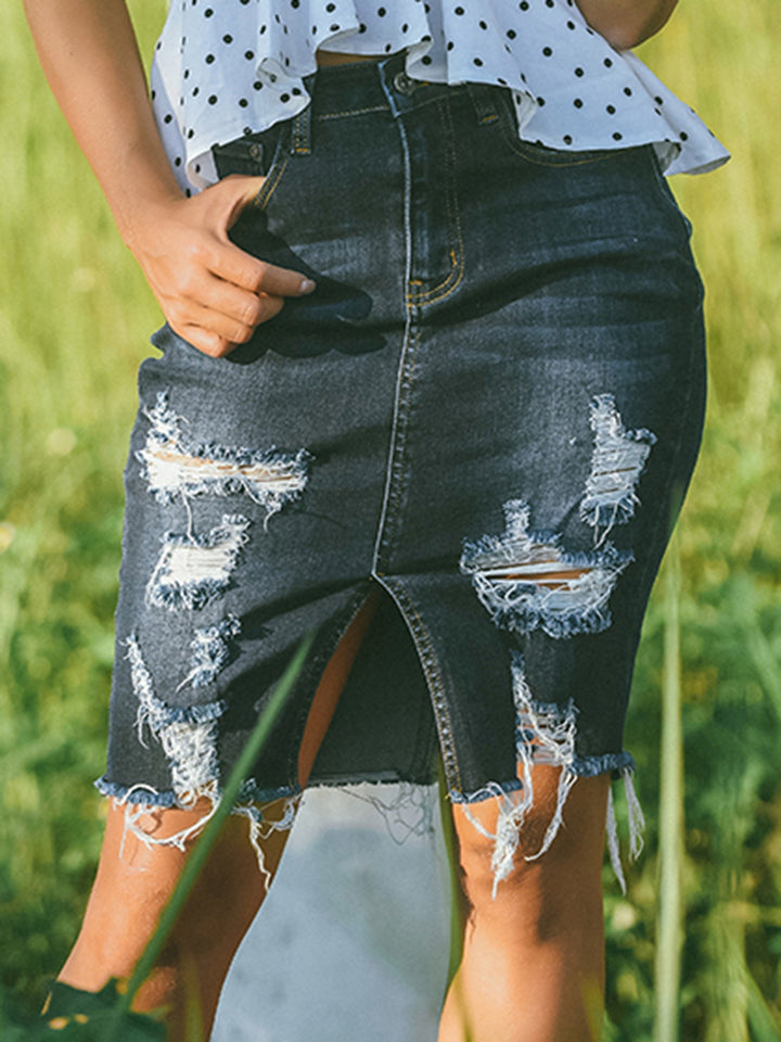 Full Size Distressed Slit Denim Skirt - AllIn Computer