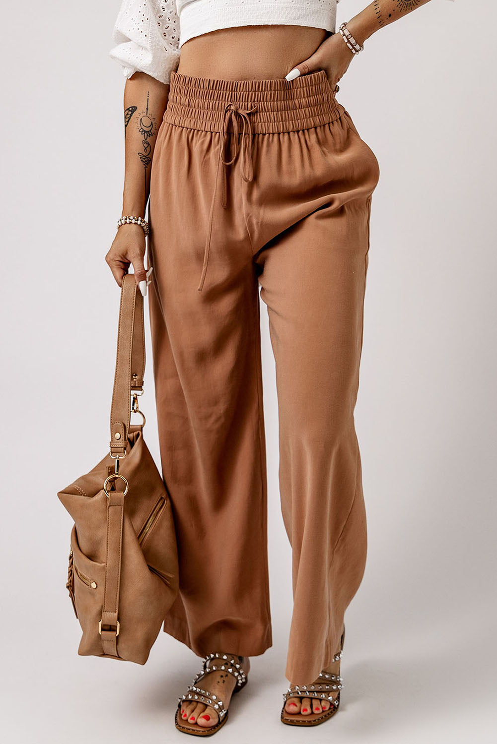 Drawstring Smocked Waist Wide Leg Pants - AllIn Computer