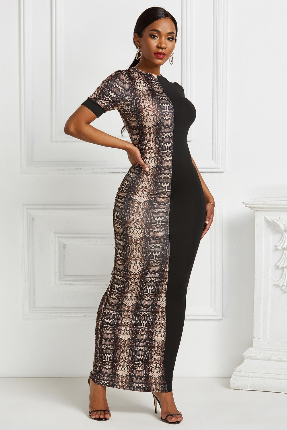 Two-Tone Round Neck Short Sleeve Maxi Dress - AllIn Computer