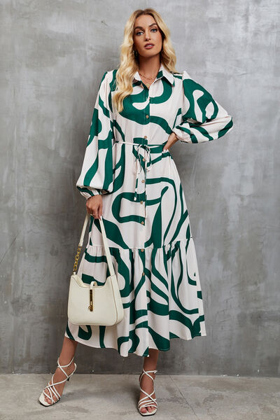 Tie-Waist Printed Button Up Dress - AllIn Computer
