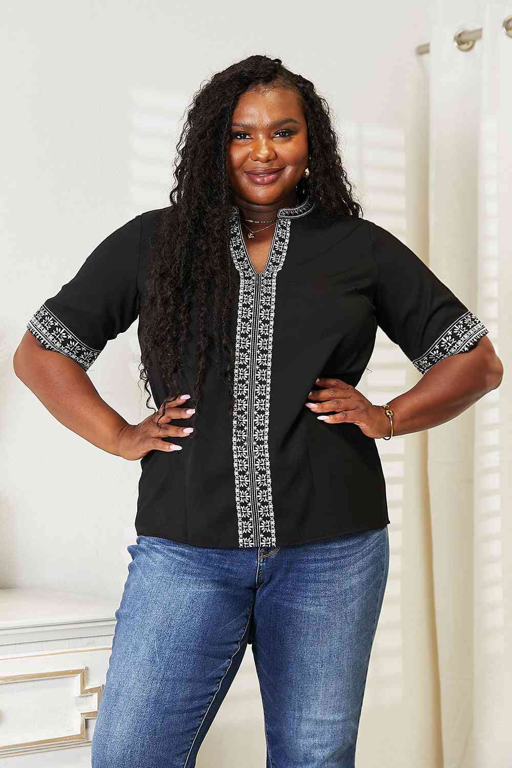 Double Take Embroidered Notched Neck Top - AllIn Computer