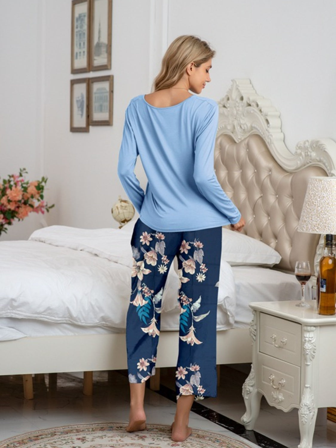 Round Neck Top and Printed Pants Lounge Set - AllIn Computer