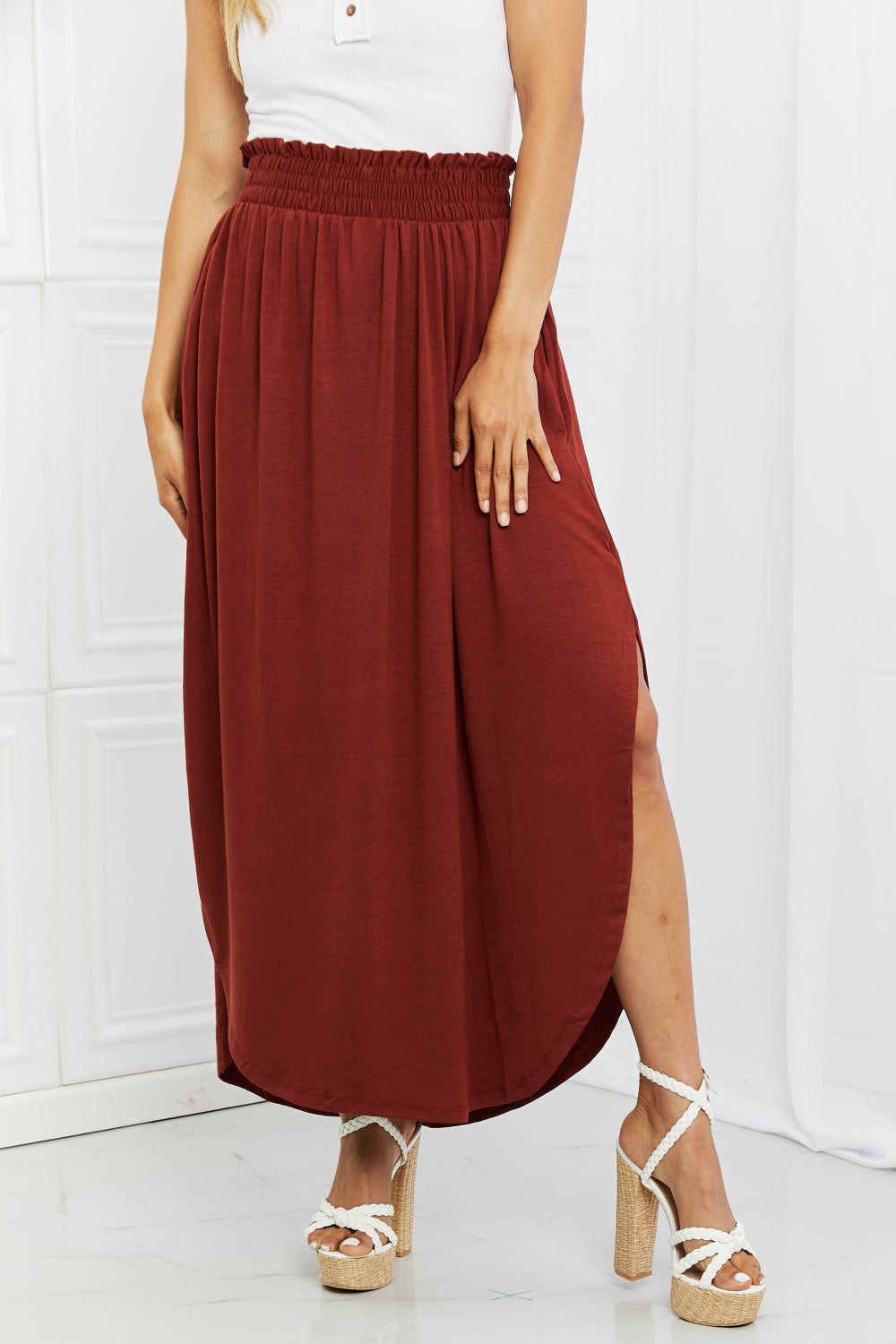 Zenana It's My Time Full Size Side Scoop Scrunch Skirt in Dark Rust - AllIn Computer