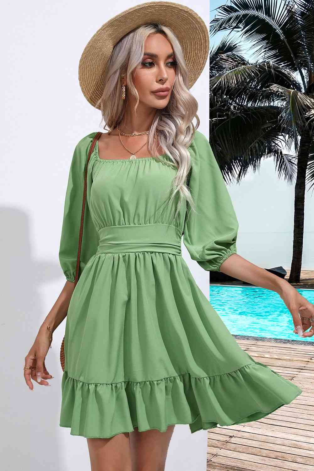 Square Neck Tie Back Ruffle Hem Dress - AllIn Computer
