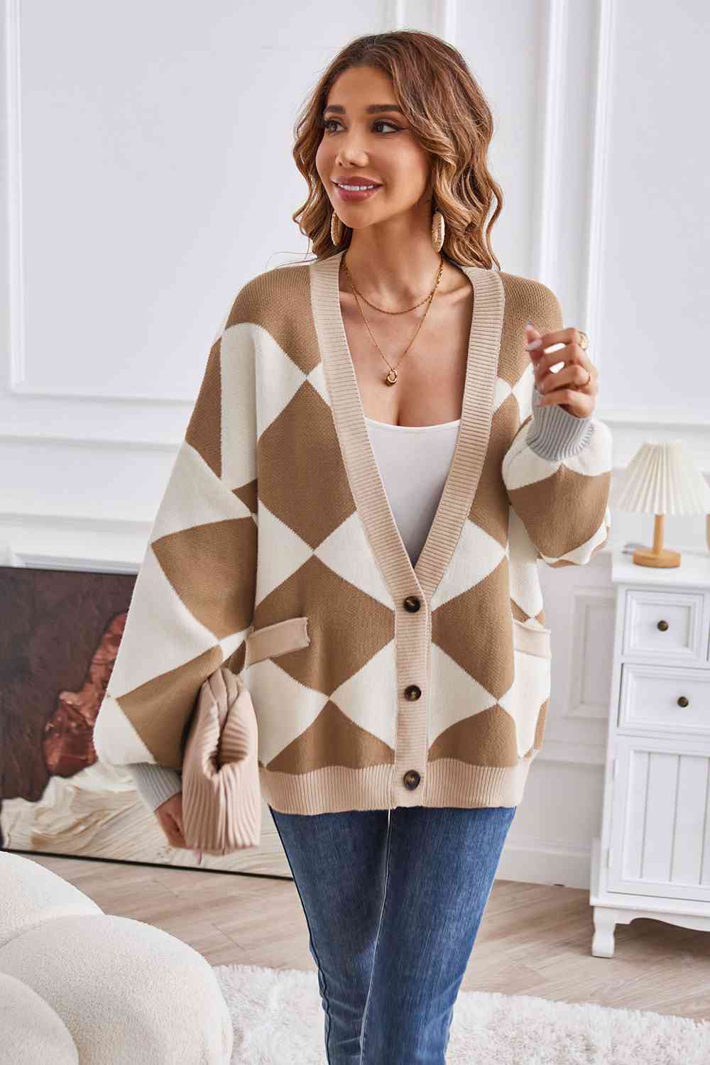 Geometric Lantern Sleeve Cardigan with Pockets - AllIn Computer