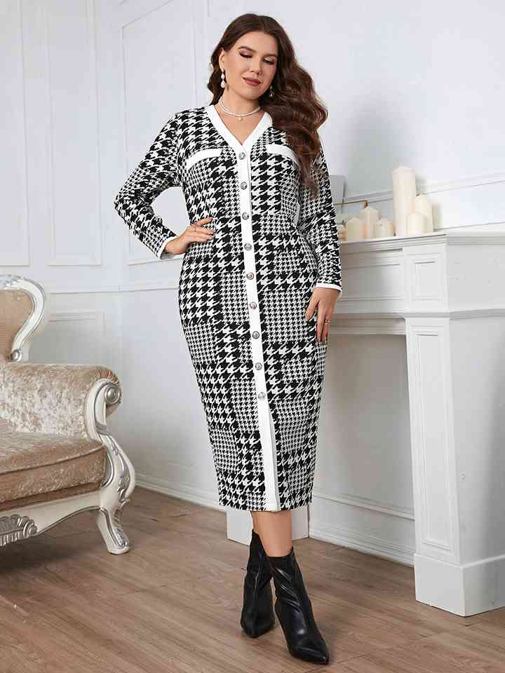 Plus Size Houndstooth Button-Down Long Sleeve Dress - AllIn Computer